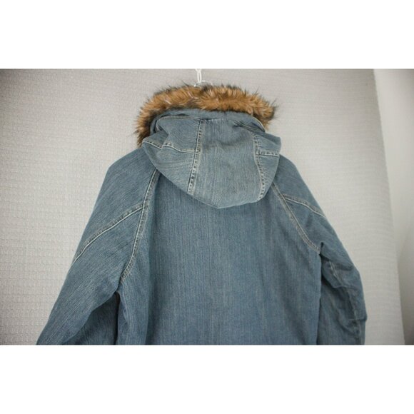 DKNY Jeans Faux Fur Denim High Neck Hooded Jacket - Picture 8 of 8